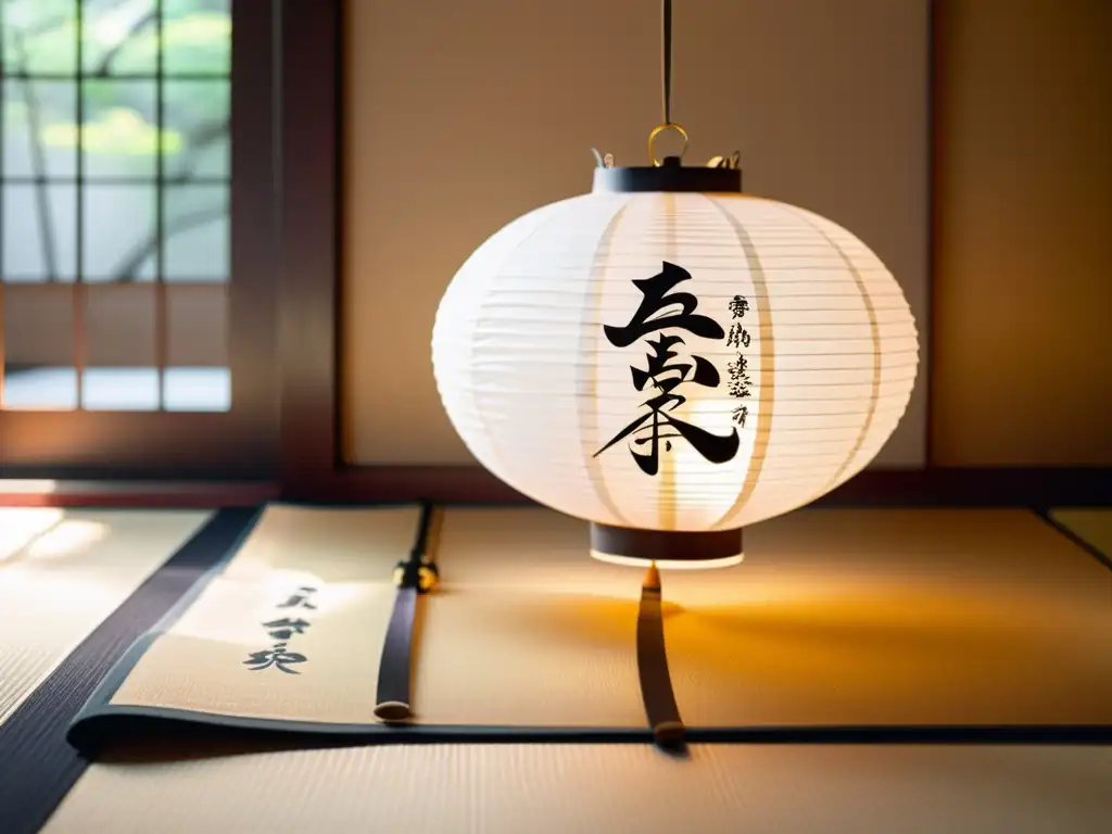 Una lámpara japonesa con motivos de Bushidō, iluminando una habitación serena con puertas shoji y un fondo de ramas de cerezo