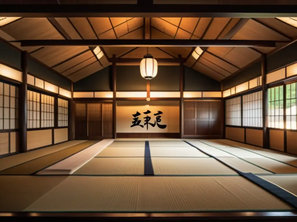 Entrenamiento de samuráis en un dojo tradicional japonés Legado samurái en Japón actual: Dojo tradicional japonés con artistas marciales en una intensa sesión de entrenamiento
