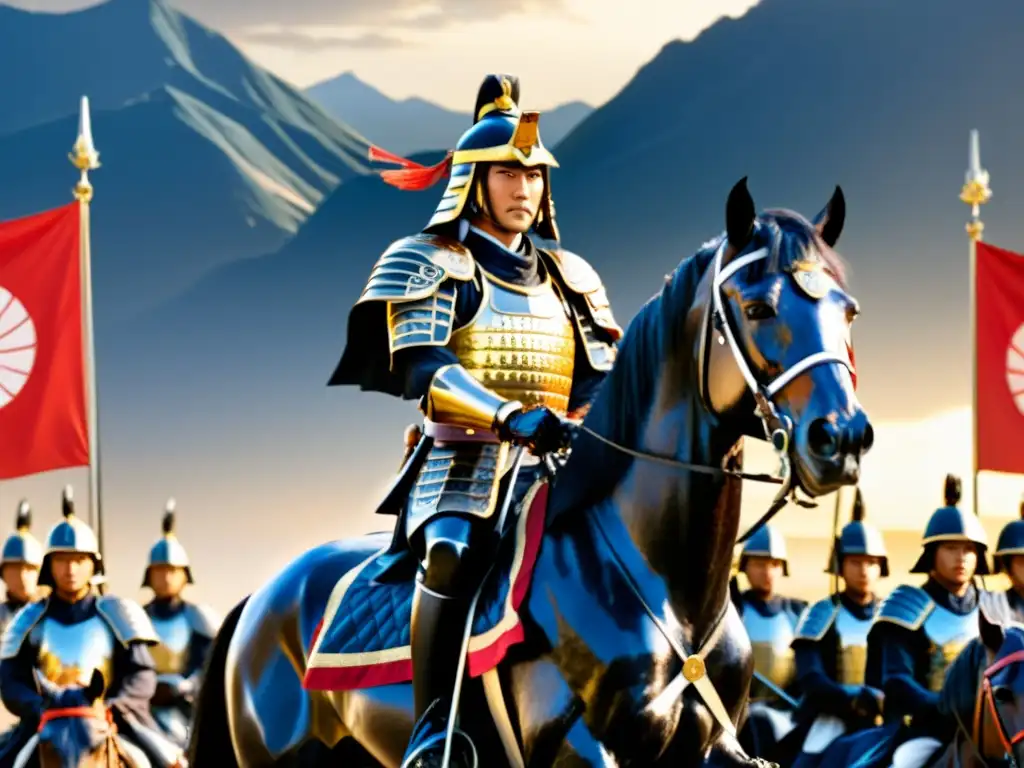 Legado de Date Masamune en Tohoku: poderosa figura samurái a caballo, rodeado de ejército y paisaje imponente