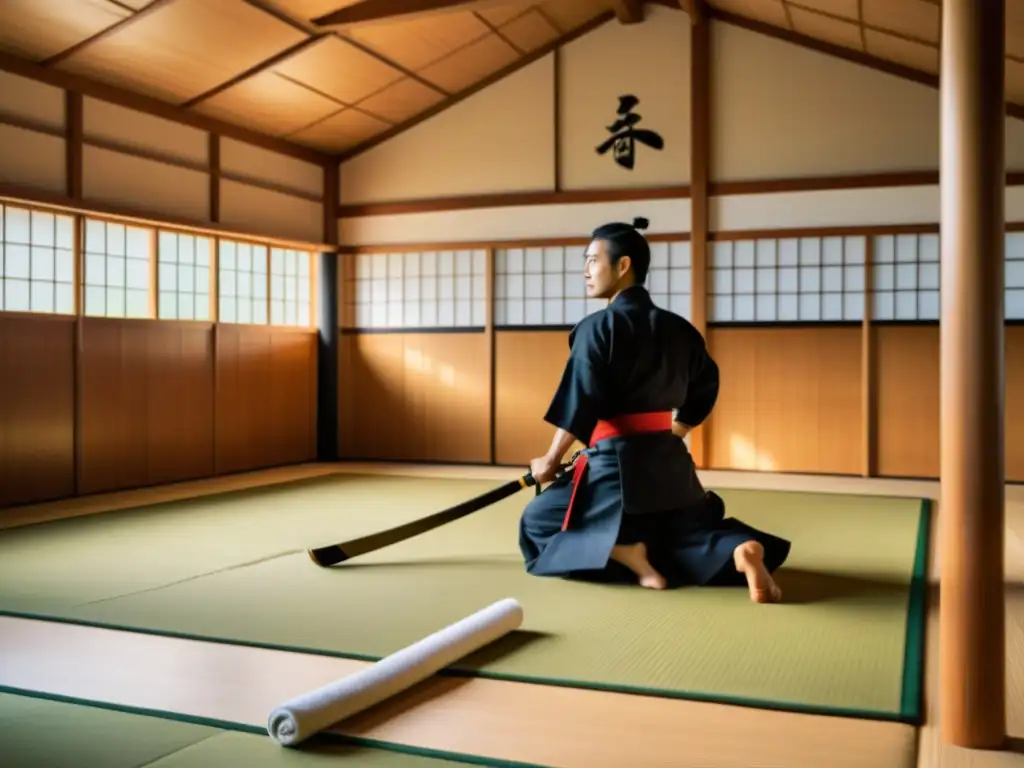 El legado de los samuráis: Dojo japonés moderno con artistas marciales entrenando con disciplina y gracia