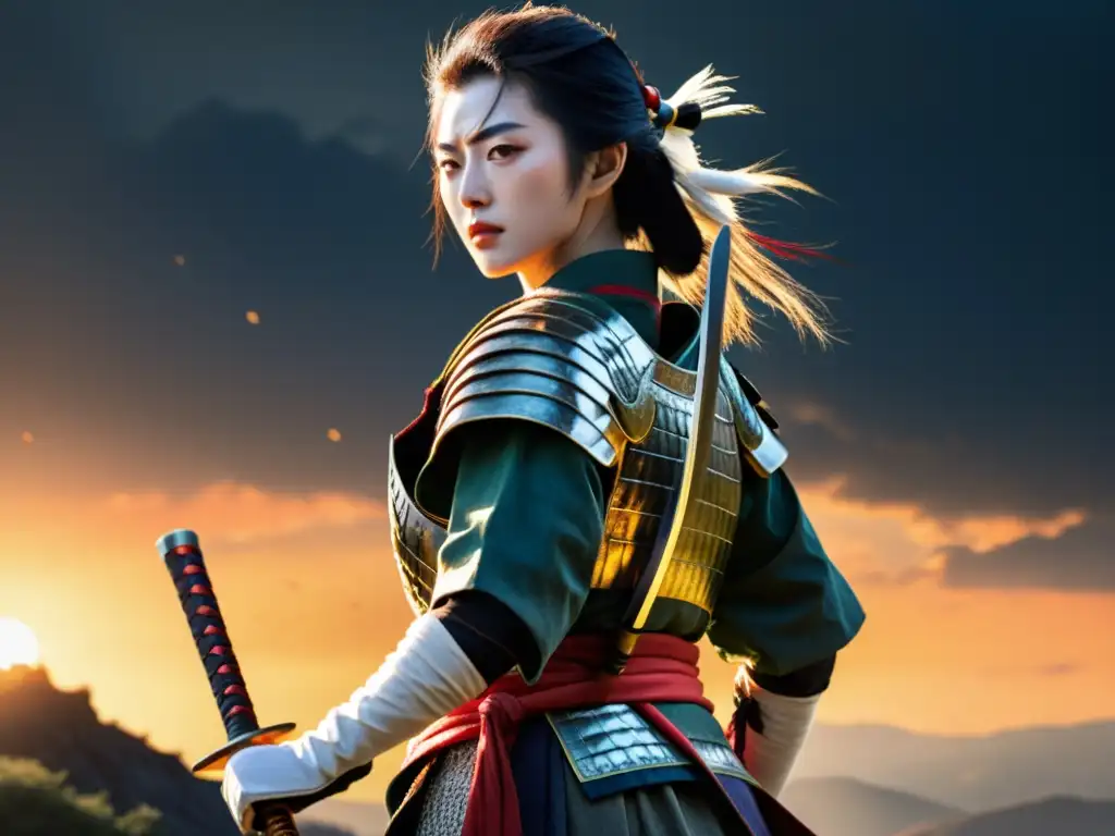 Tomoe Gozen, la legendaria samurái, desafía su destino en el campo de batalla con su katana desenvainada, irradiando fuerza y determinación