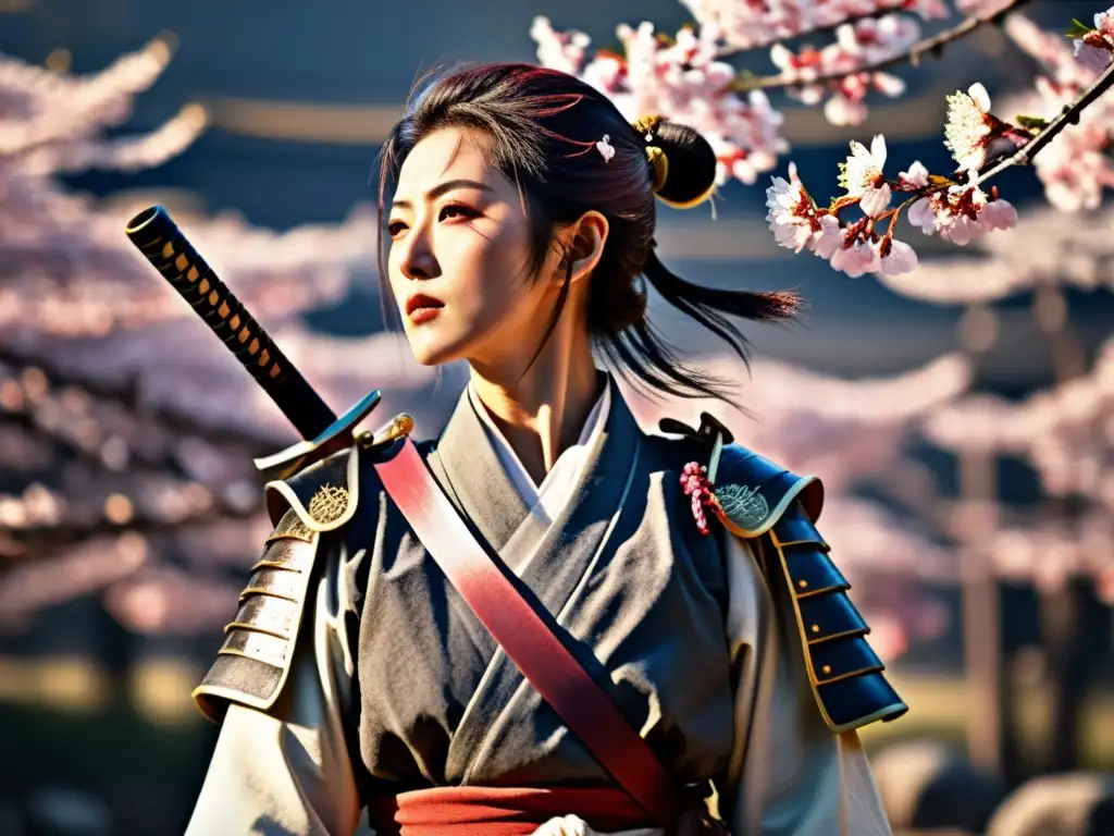 Tomoe Gozen, la legendaria samurái, con su katana desenvainada en el campo de batalla, rodeada de cerezos en flor y los restos de la lucha