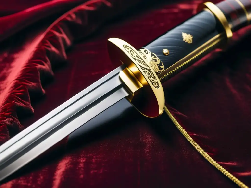 Una legendaria katana japonesa, la Espada Honjo Masamune, descansa sobre terciopelo, exudando historia de katanas legendarias