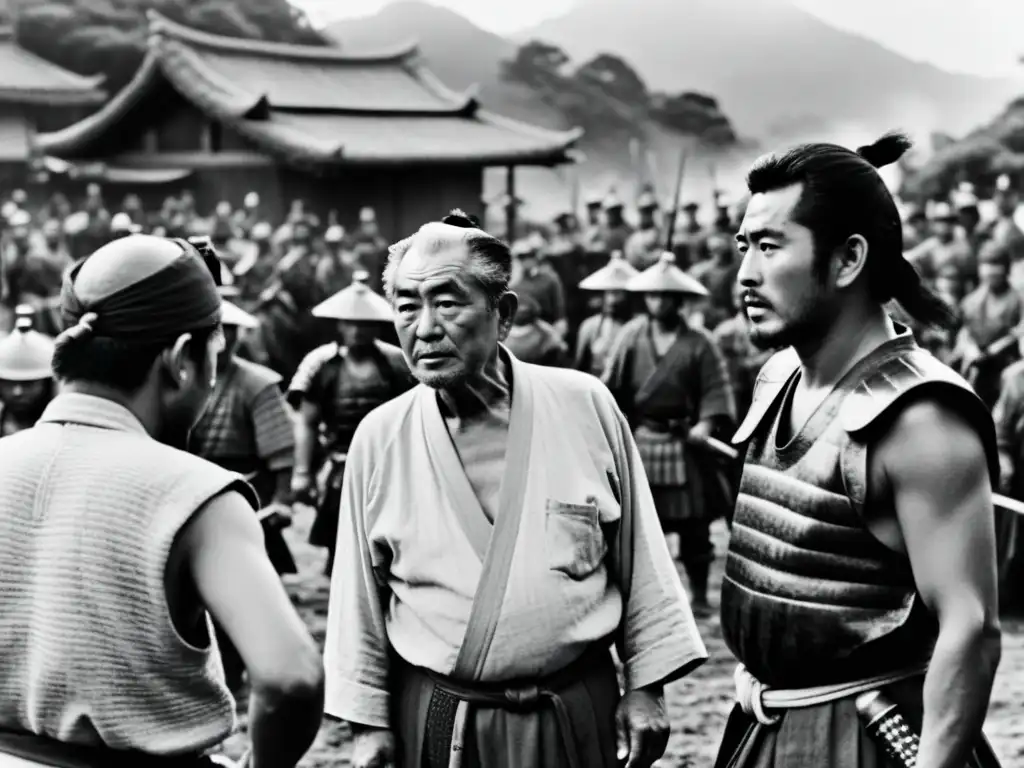 El legendario director japonés Akira Kurosawa dirige una escena de lucha con samuráis en un set de película, capturando la intensa pasión de su mirada