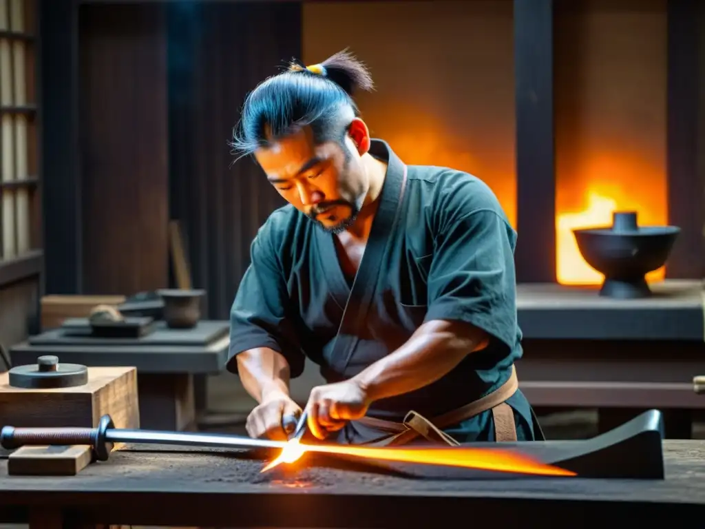 Un legendario herrero forja una katana, rodeado de herramientas tradicionales japonesas en su taller