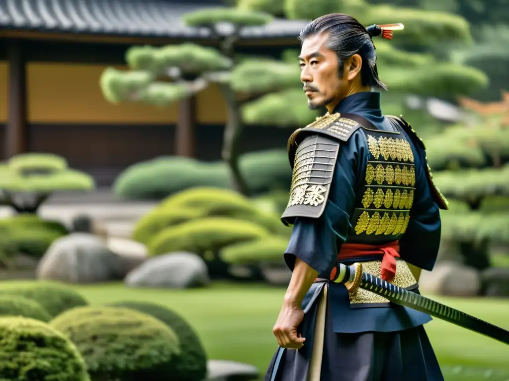 Un legendario samurái contempla su katana en un jardín japonés, evocando historias personales de honor y poder