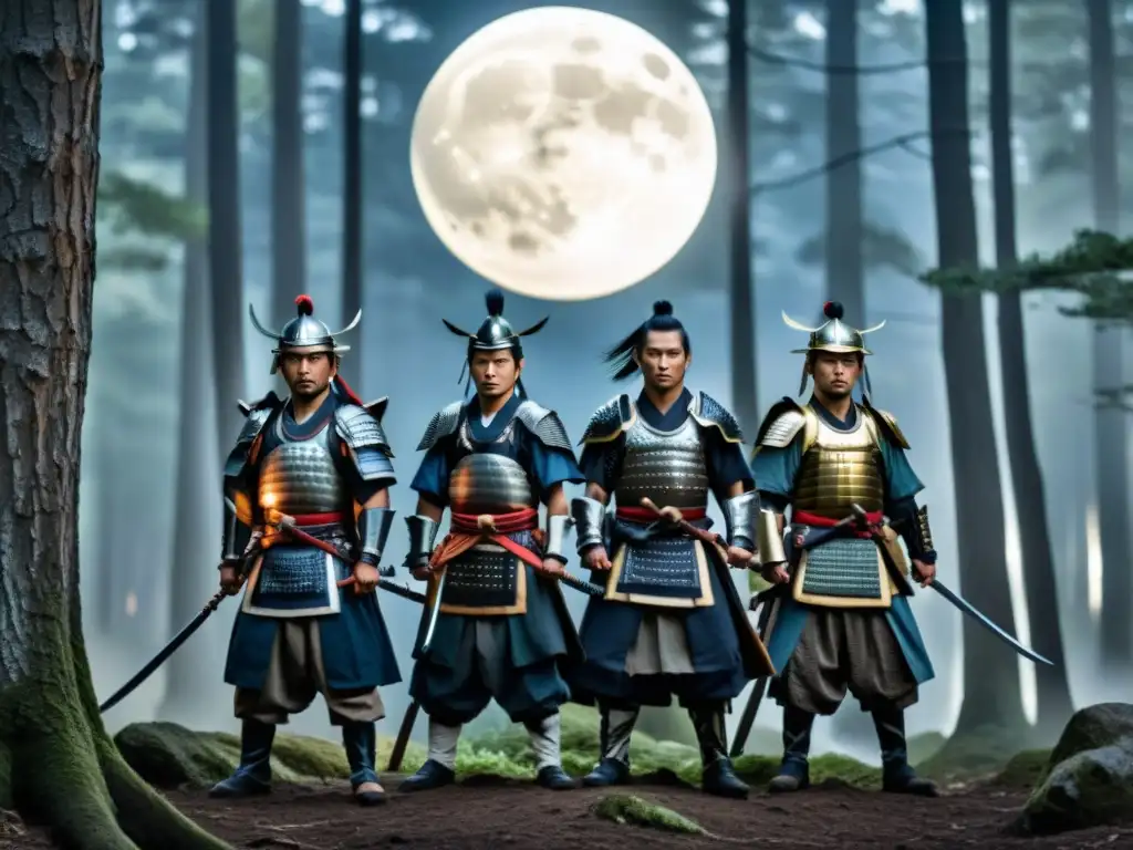 La leyenda de los 47 Ronin se manifiesta en la imagen de samuráis en el bosque a la luz de la luna, con determinación y honor