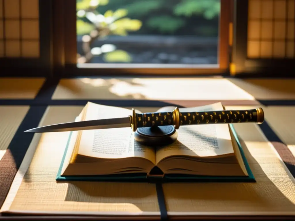 Un libro antiguo de 'El Libro de los Cinco Anillos' reposa sobre un tatami japonés, rodeado de espadas samurái
