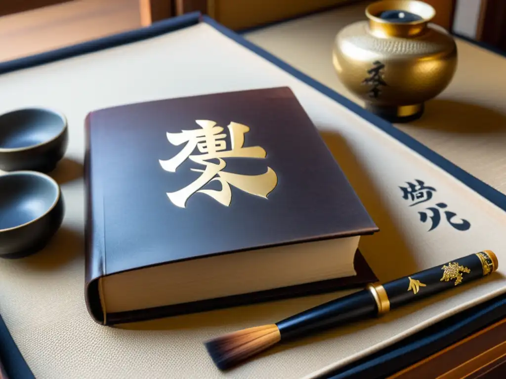 Libro de cuero con título en oro 'Filosofía y Literatura Samurai del siglo XIX' en tatami japonés, rodeado de útiles de escritura y caligrafía