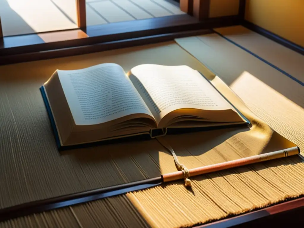 Un libro del samurái Hagakure en un tatami, bañado por la cálida luz de la tarde, revela una vida plena de significado y misterio