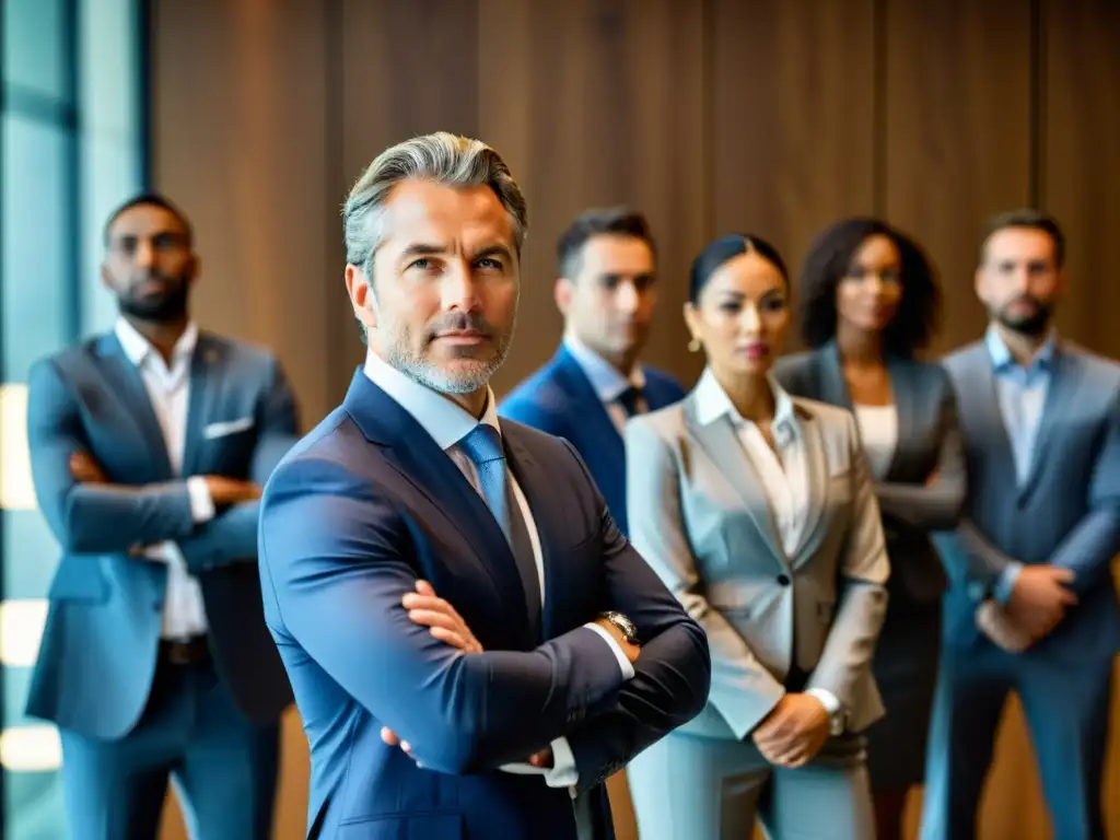 Un líder empresarial en traje muestra la filosofía samurai para líderes empresariales en una sala de juntas moderna, rodeado de su equipo comprometido