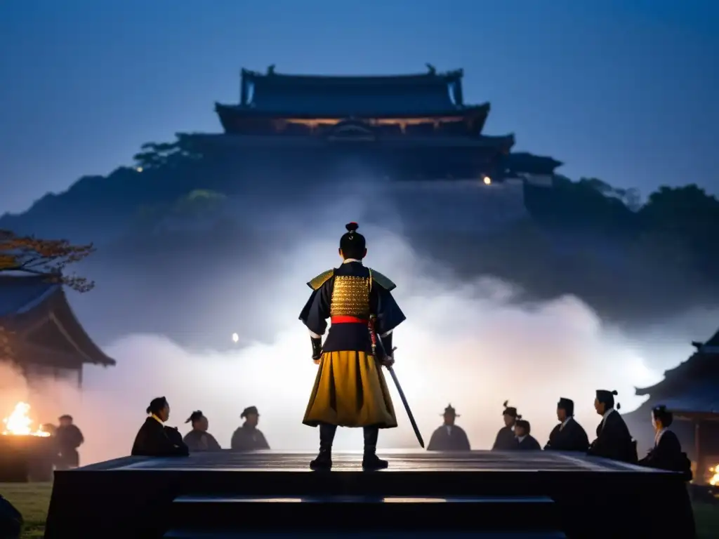 Líder rebelde inspira a seguidores en la noche neblinosa frente al Castillo de Shimabara en la Rebelión de Shimabara Tokugawa