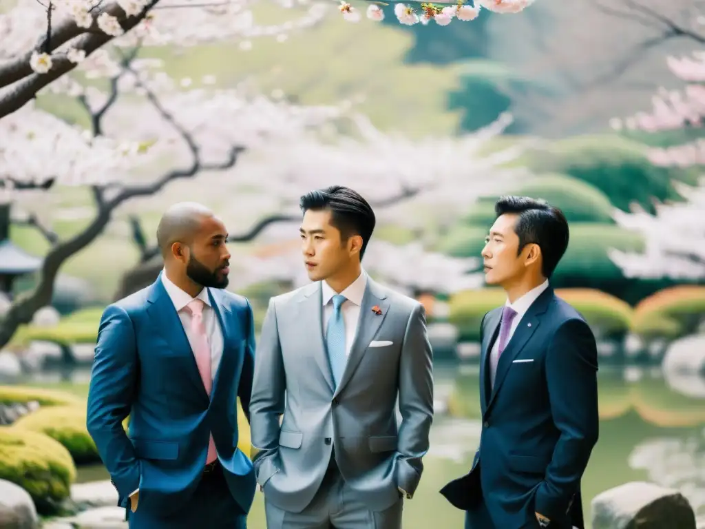 Líderes empresariales en jardín japonés junto a cerezos en flor