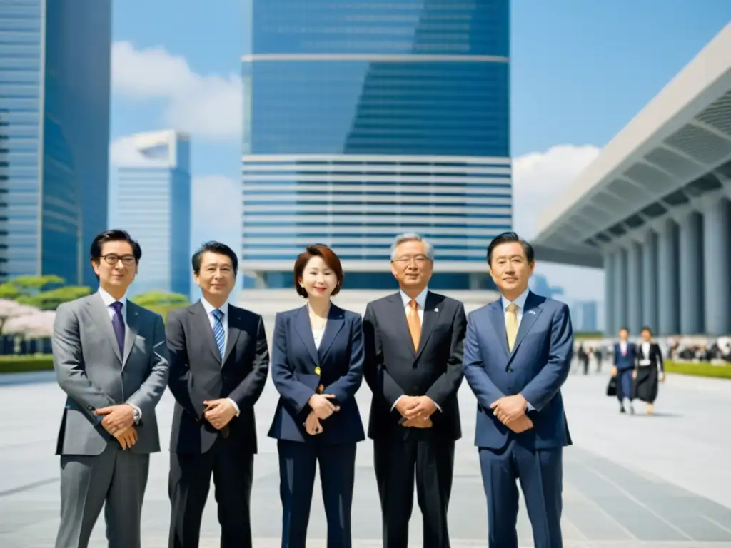 Líderes japoneses en formación en el extranjero, entablando diálogos frente a un rascacielos moderno en una ciudad bulliciosa