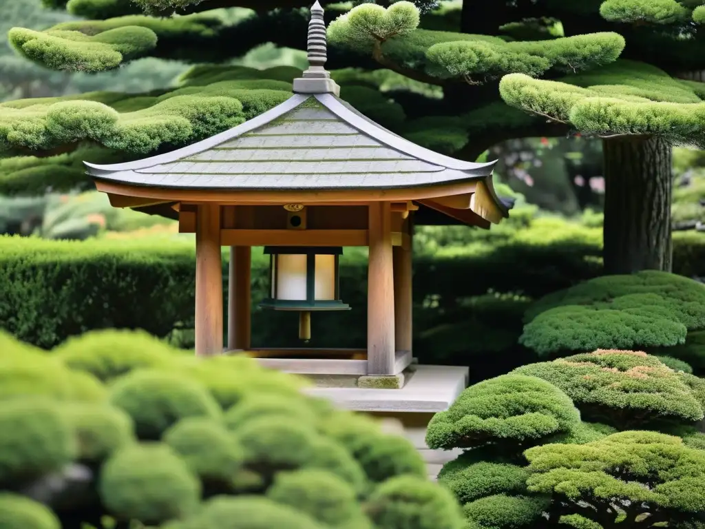 Una linterna de piedra cubierta de musgo en un jardín japonés, evocando historias de samuráis en jardines japoneses