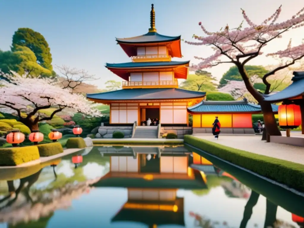 Sekku celebración cultura samurái: Jardín japonés con linternas de papel, cerezos en flor y ceremonia del té samurái