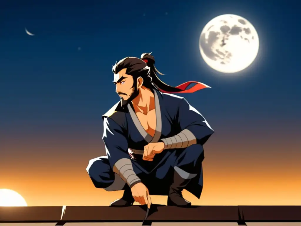 Bajo la luz de la luna, la leyenda de Hattori Hanzo Ninja se prepara para su misión nocturna en un tejado de Japón feudal