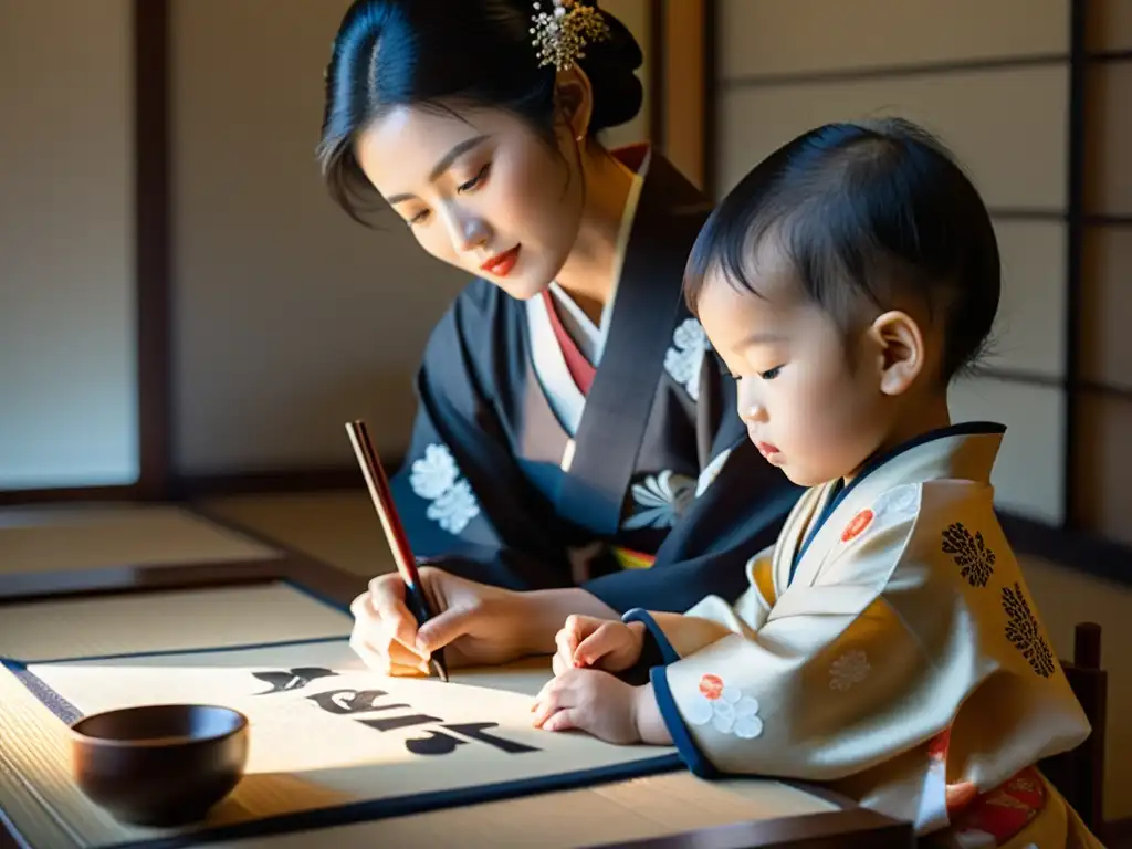 Una madre japonesa enseña calligrafía a su hijo con serenidad, destacando la educación de futuros guerreros samurái