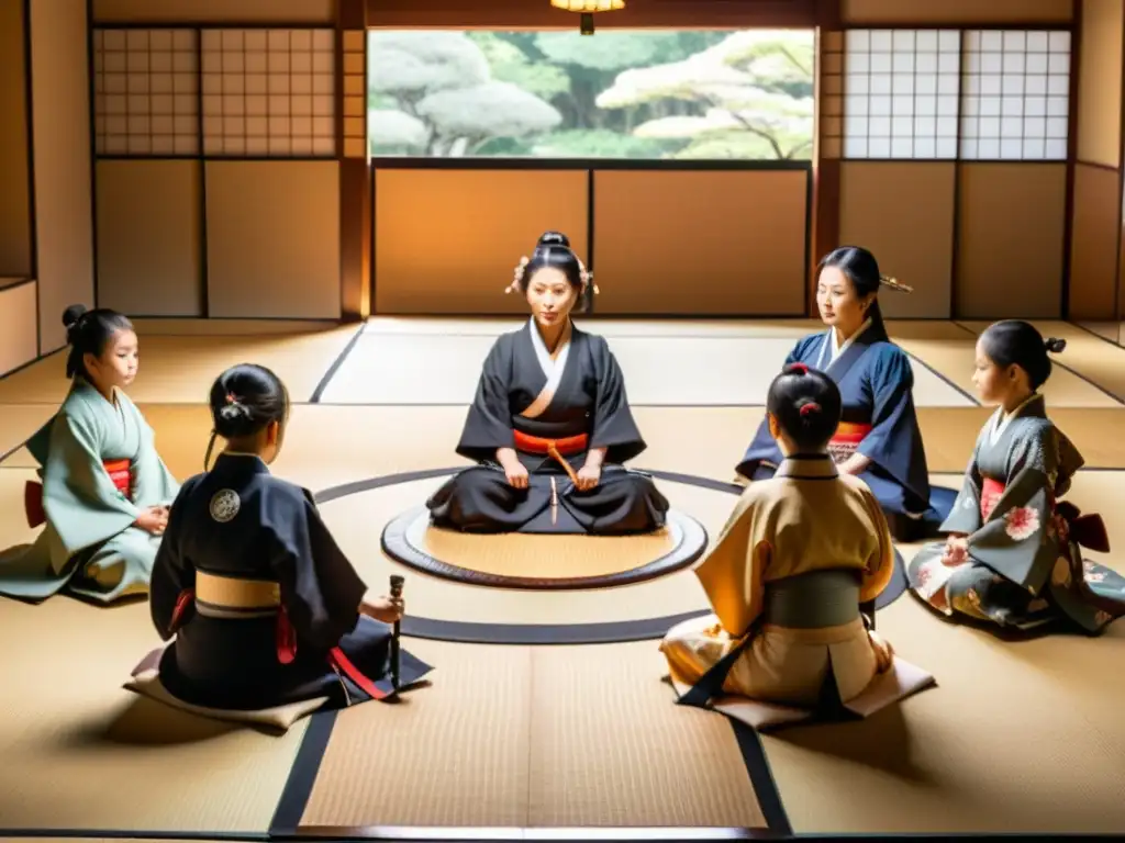 Madres samuráis enseñan calligrafía y esgrima a futuros guerreros en una habitación tradicional japonesa