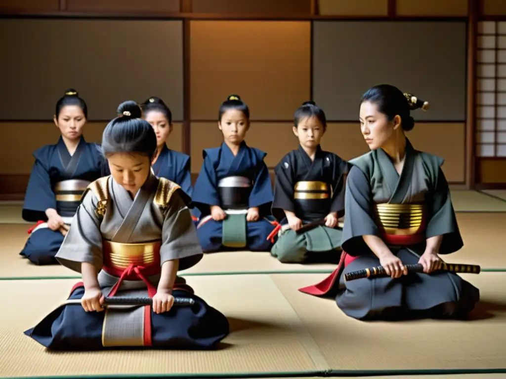 Madres samurái entrenan con sus hijos en la educación de futuros guerreros samurái en un dojo tradicional, ambiente solemne y disciplinado