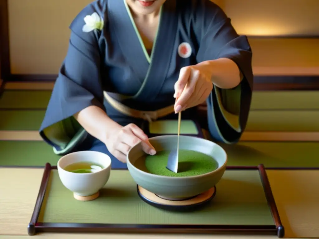 Una maestra de té japonesa realiza la ceremonia del té con gracia en una habitación tranquila