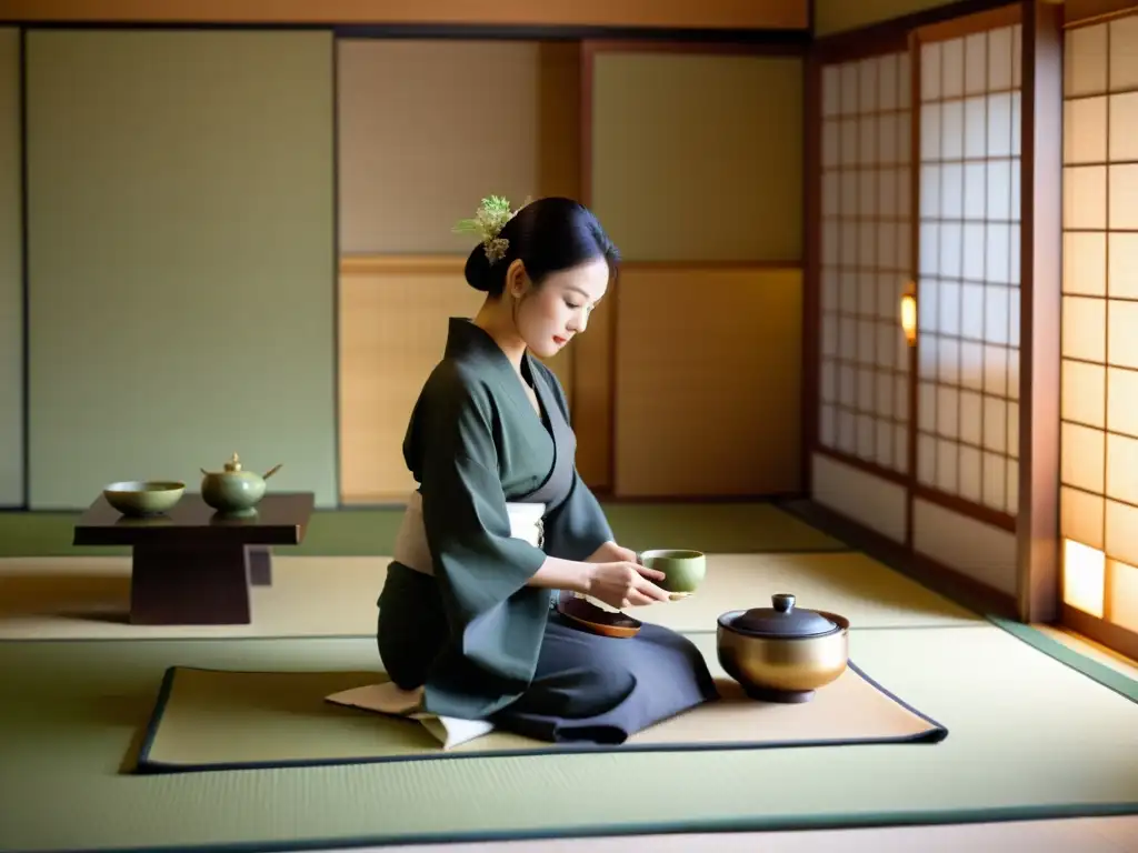 Una maestra de té japonesa viste un elegante kimono y prepara matcha en una tranquila habitación tatami, capturando la esencia de la influencia femenina en la Ceremonia del Té