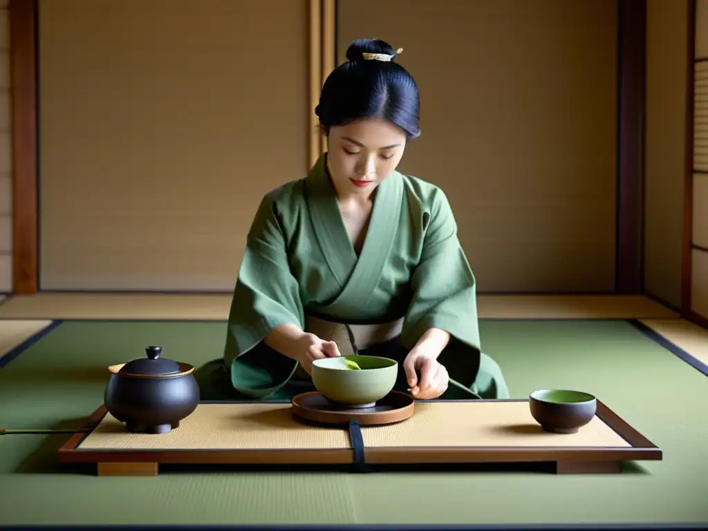 Una maestra de té con kimono realiza una ceremonia en una sala minimalista de tatami