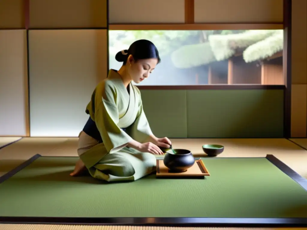 Una maestra del té en kimono realiza una ceremonia en una habitación tradicional japonesa, con luz suave y serenidad