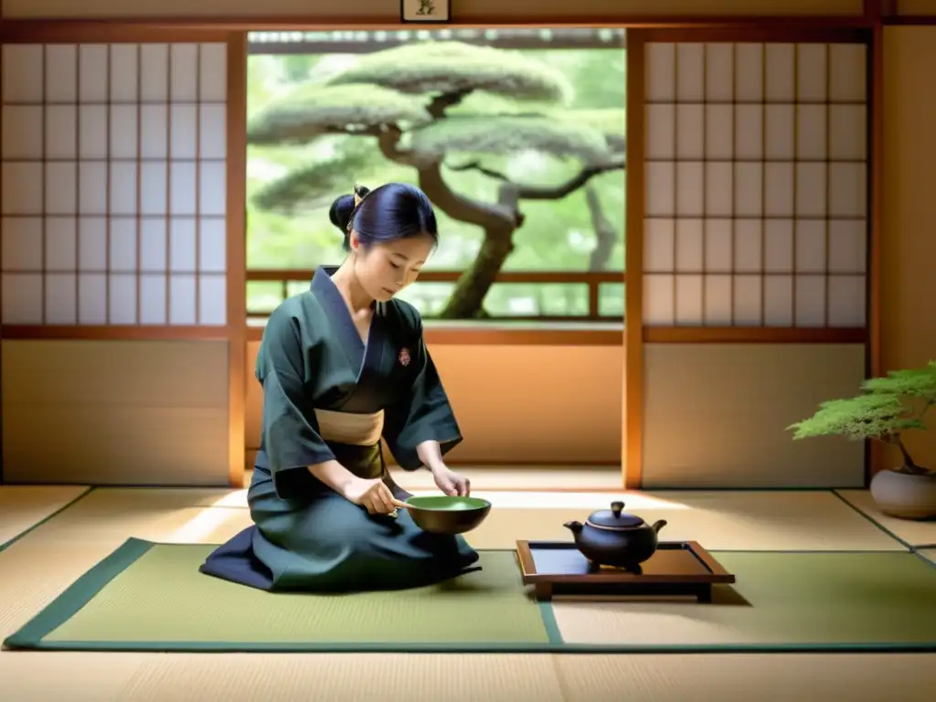 Una maestra de té vestida con kimono realiza una ceremonia en una sala de tatami con decoración japonesa