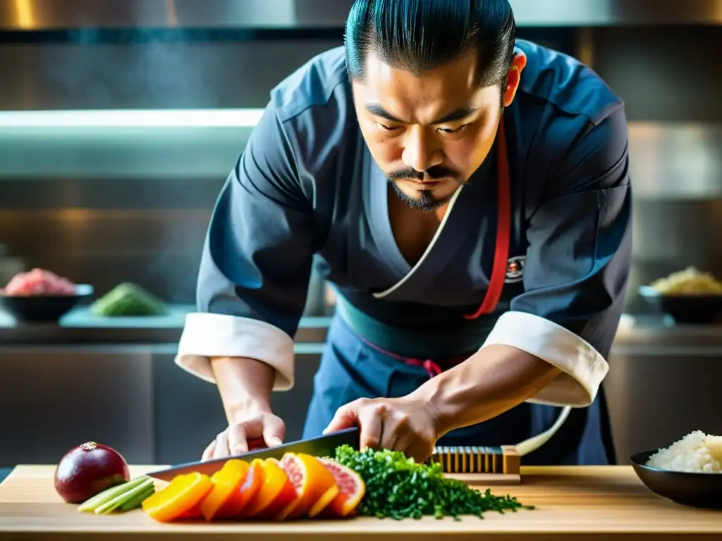 Un hábil chef samurái corta con maestría ingredientes frescos, capturando la influencia gastronómica samurái en la cocina moderna