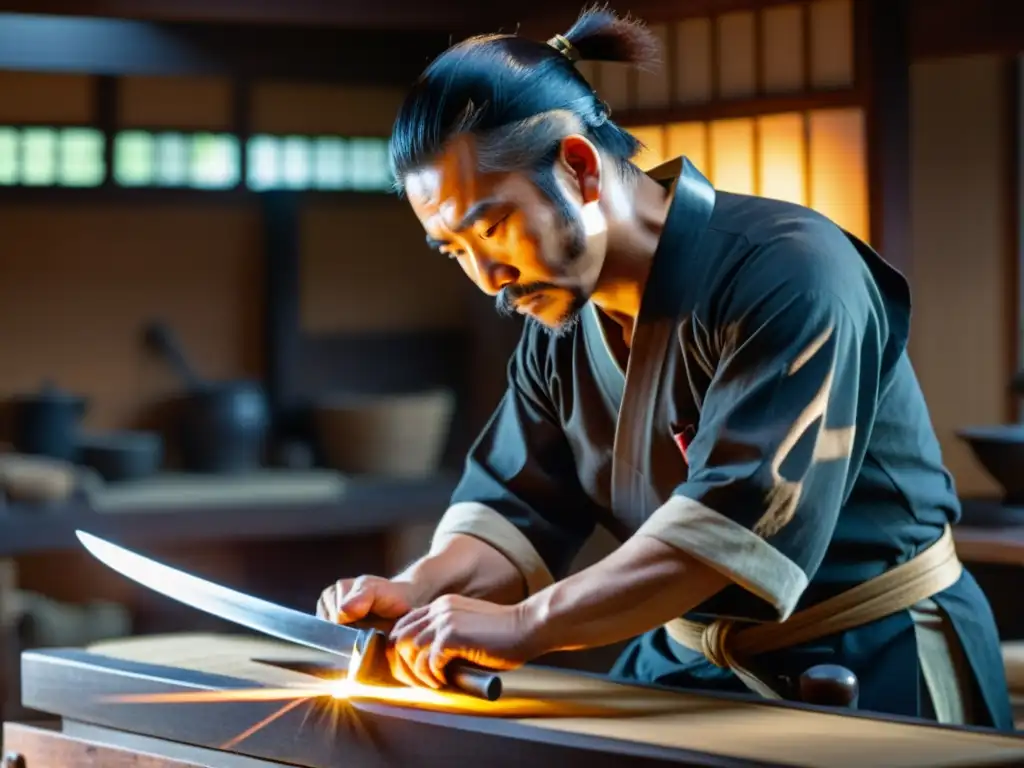 Maestro actual de katanas entrevista: Forja de katana por un hábil artesano japonés, con la luz del sol iluminando su taller tradicional