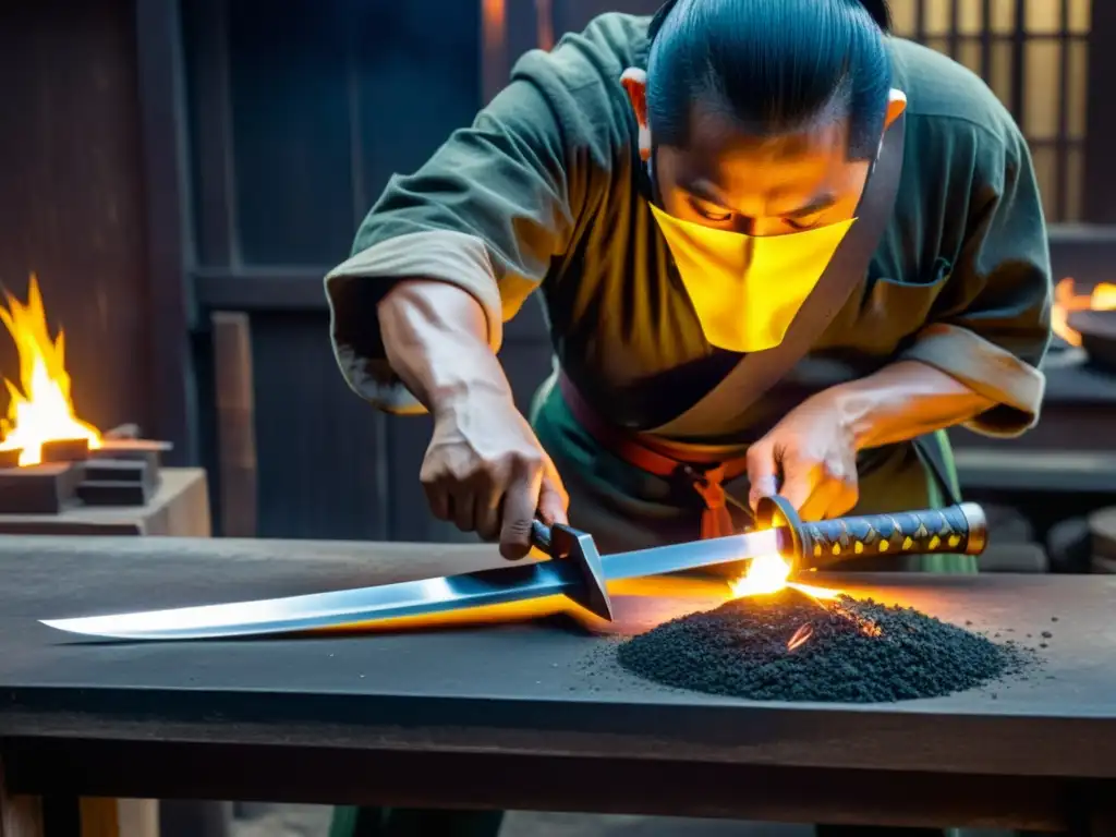 Un maestro actual de katanas entrevista, forja con maestría una katana brillante en su taller, entre sombras y el cálido resplandor del fuego