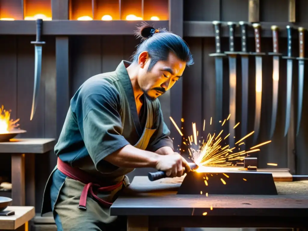 Un maestro actual de katanas entrevistado, forjando con pasión una espada en su taller japonés, rodeado de herramientas antiguas y espadas samurái