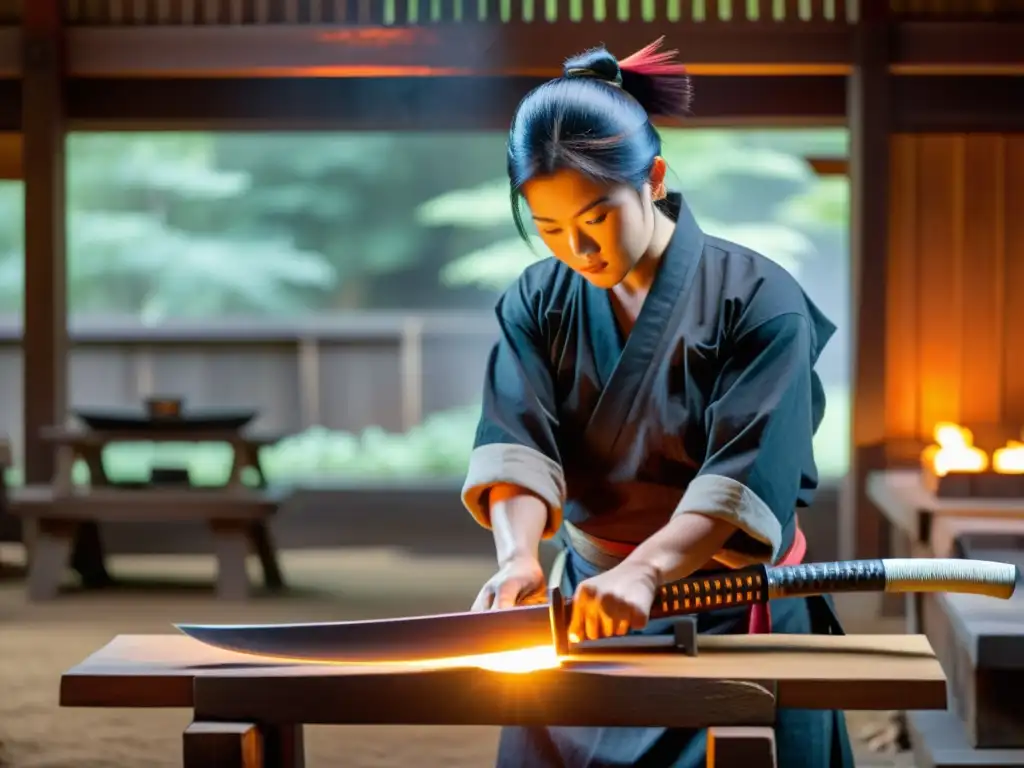 Un maestro actual de katanas forja una hoja brillante en su taller tradicional japonés, rodeado de herramientas antiguas y vigas de madera