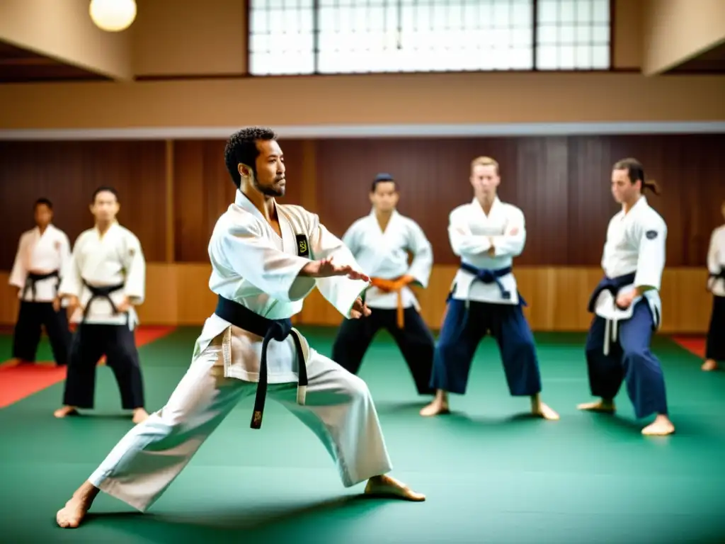 Maestro de Aikido muestra técnicas a alumnos, mientras otro grupo practica Capoeira con movimientos dinámicos