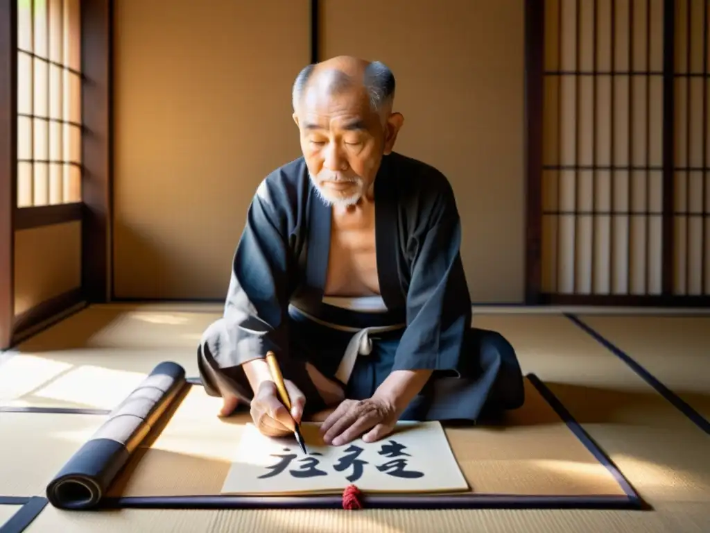 Un maestro anciano de caligrafía japonesa, influenciado por la katana, trabaja con concentración mientras la luz del sol ilumina la sala