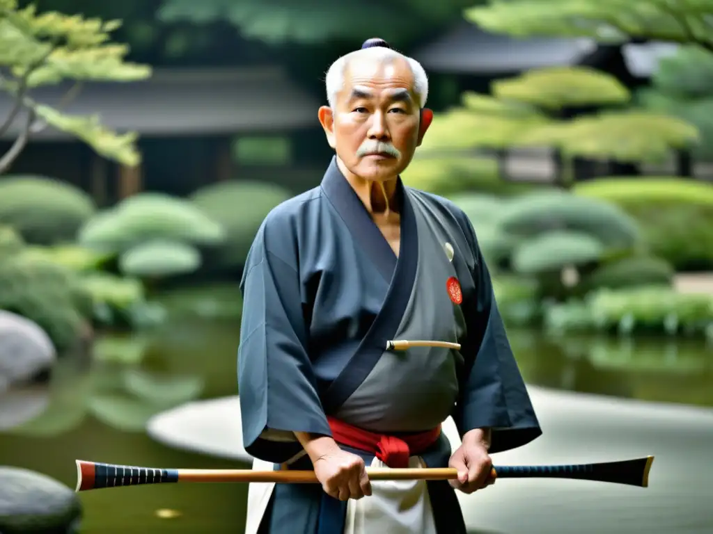 Un maestro anciano de Kyudo, con arco y flechas en un jardín japonés sereno