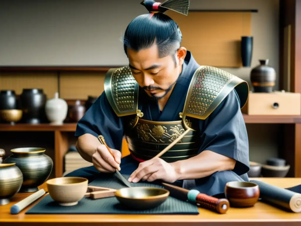 Un maestro armero japonés tradicional confecciona una pieza de armadura samurái, mostrando la influencia europea en la fabricación de armaduras