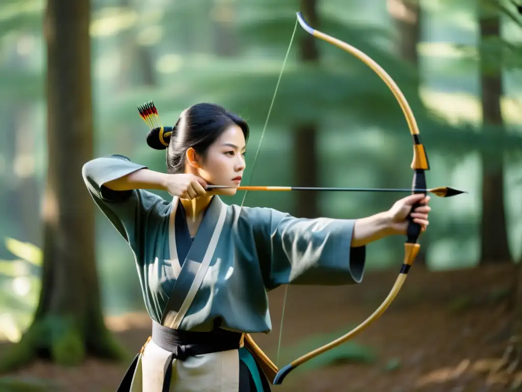 Un maestro arquero en atuendo tradicional de Kyudo japonés, concentrado y preciso, en un bosque neblinoso al amanecer