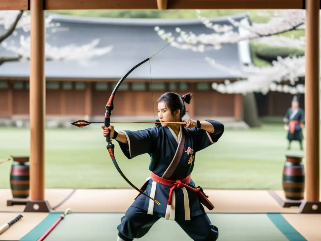 Un maestro arquero samurái enseña a sus aprendices en un dojo japonés rodeado de cerezos en flor