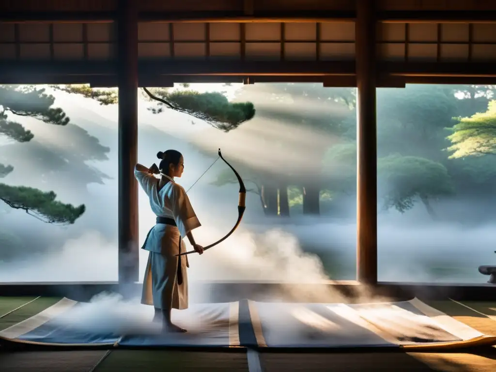 Un maestro arquero se prepara para lanzar una flecha en un dojo japonés al amanecer, mostrando la disciplina del Kyudo entrenamiento mental y físico