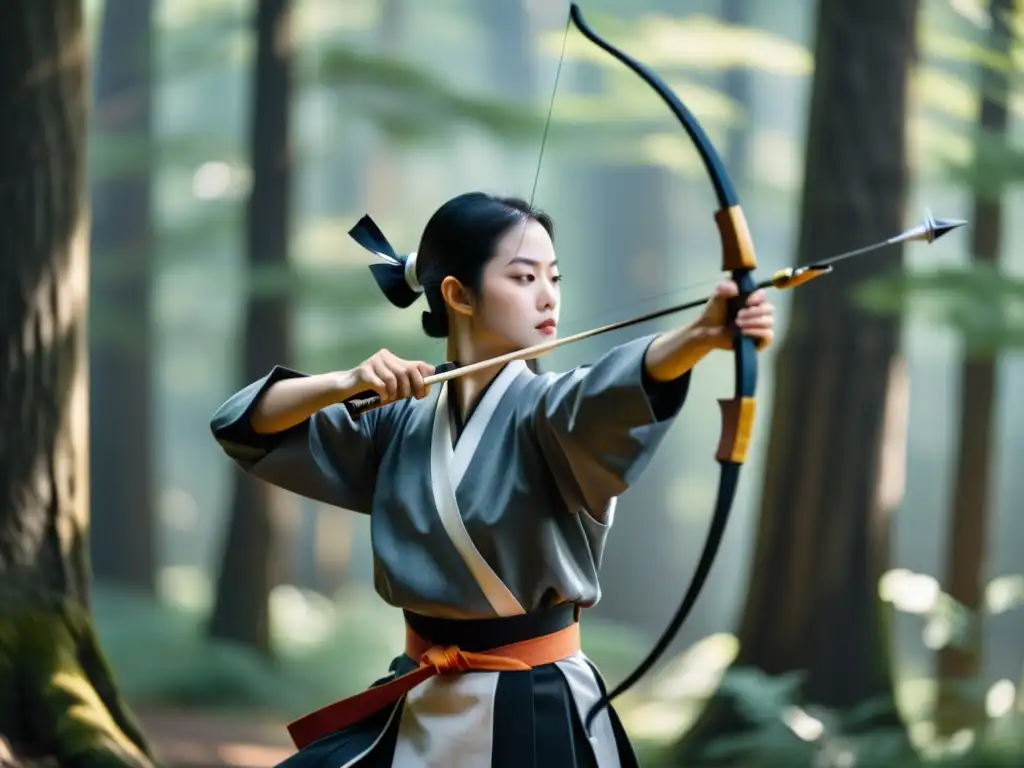 Un maestro arquero de kyudo, ataviado con traje samurái, dispara con precisión en un bosque neblinoso al amanecer