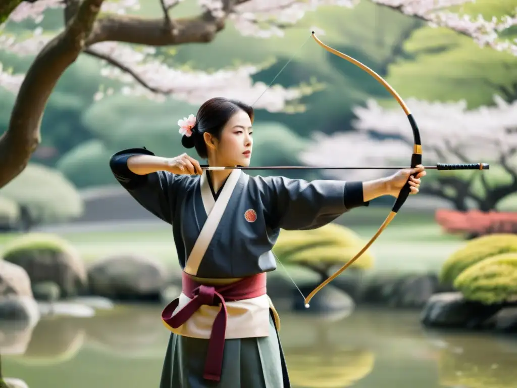 Un maestro arquero de Kyudo en un jardín japonés sereno, vistiendo atuendo samurái, con árboles de cerezos en flor