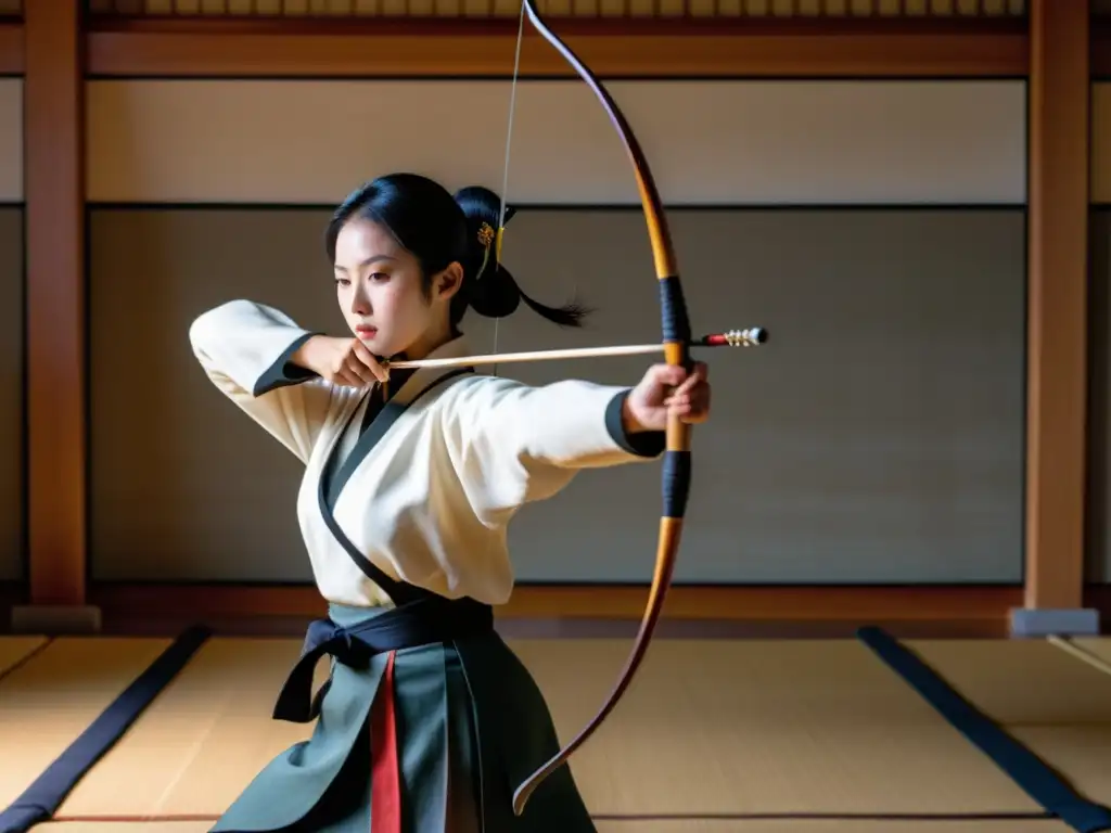 Un maestro arquero de kyudo en perfecta postura y concentración, llevando atuendo tradicional y sosteniendo un arco