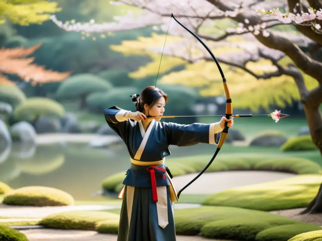 Un maestro arquero kyudo vestido con atuendo samurái tradicional, en un jardín japonés sereno con árboles de cerezo en flor