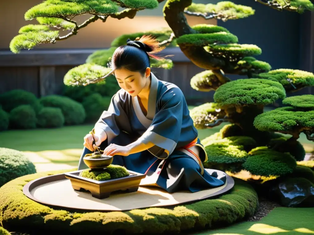 Un maestro del Arte del Bonsái samurái poda con precisión un árbol en un hermoso jardín japonés