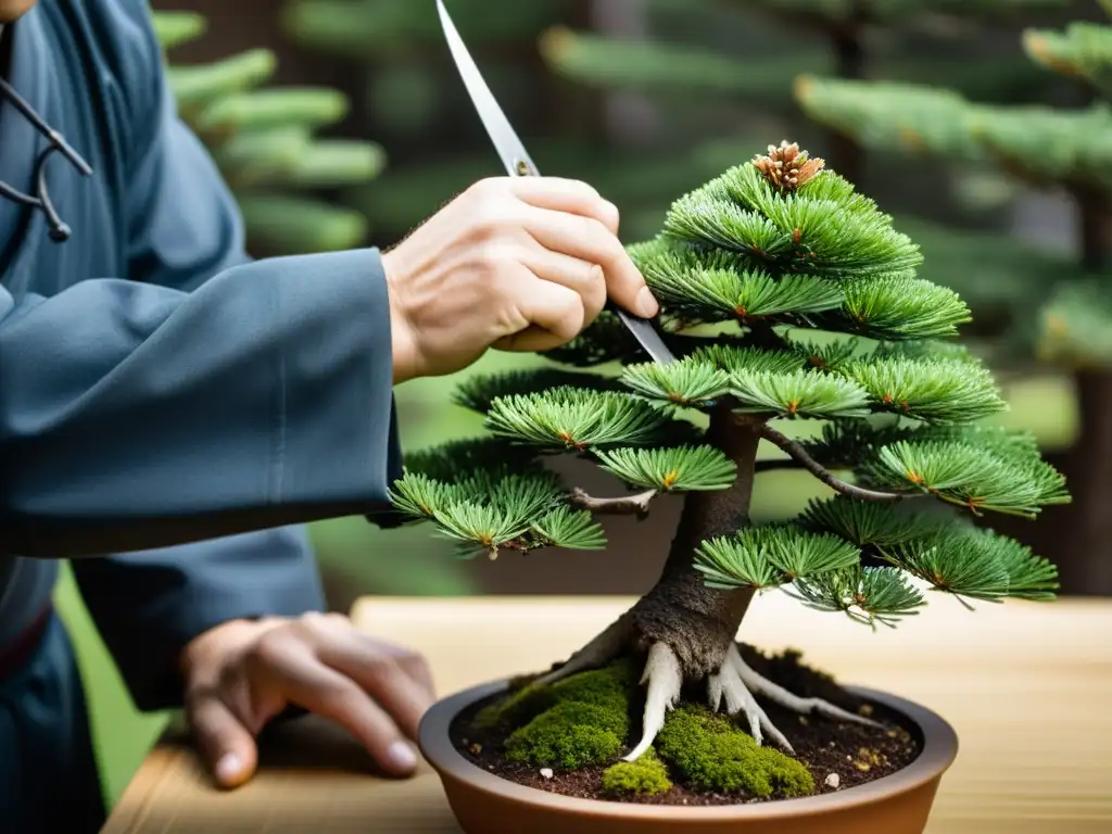 Un maestro del arte del Bonsái samurái cuidadosamente podando un árbol en un jardín japonés sereno