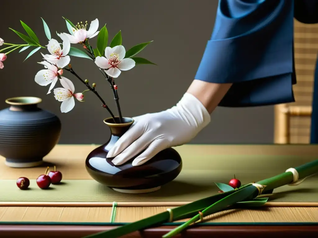 Un maestro del arte floral samurái crea con delicadeza un ikebana tradicional japonés con cerezos, bambú y vegetación, evocando belleza y disciplina