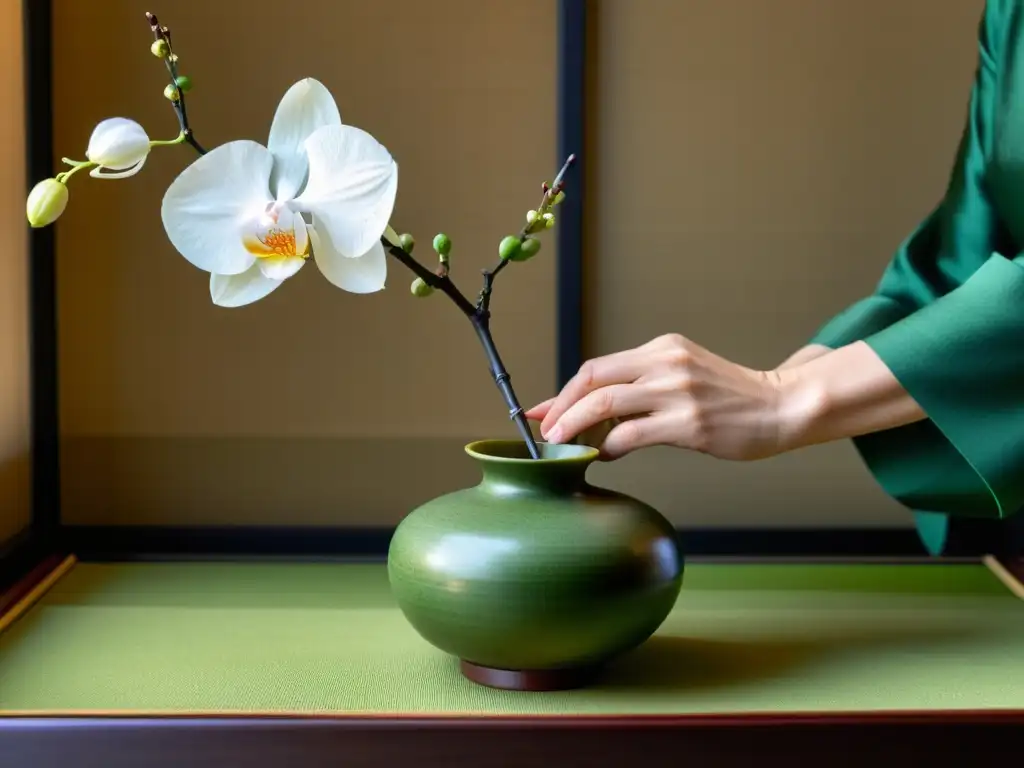 Un maestro del arte floral samurái disciplina belleza, arregla con precisión y gracia flores y hojas en un jarrón japonés, bajo una suave luz filtrada