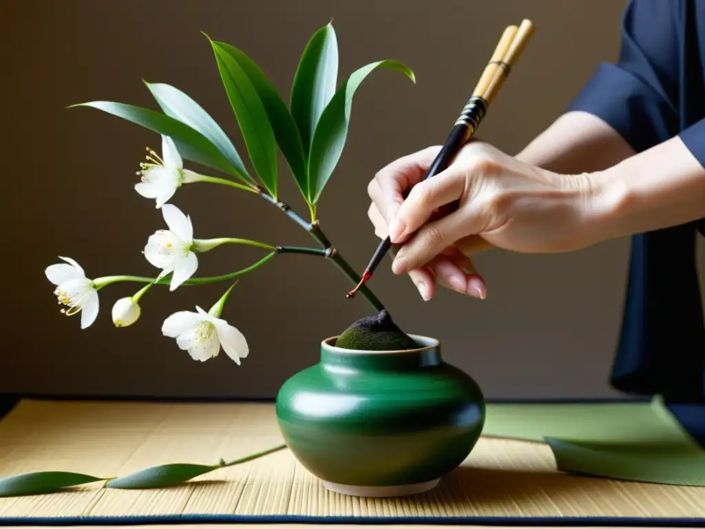 Un maestro del arte floral samurái, con disciplina y belleza, arregla delicadas flores de cerezo y tallos de bambú en un jarrón japonés